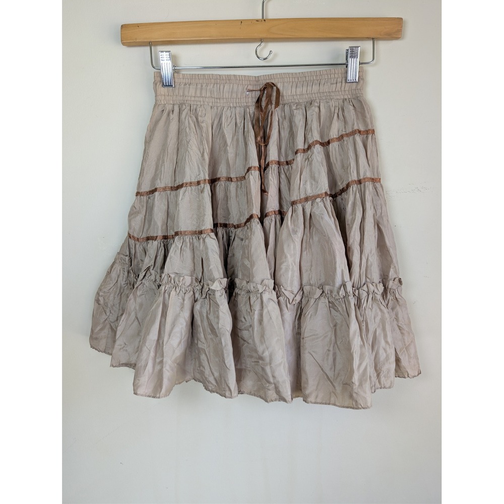 Barami 100% Silk Champagne Tiered Ruffle Mini Skirt Size S Bronze Trim Y2K